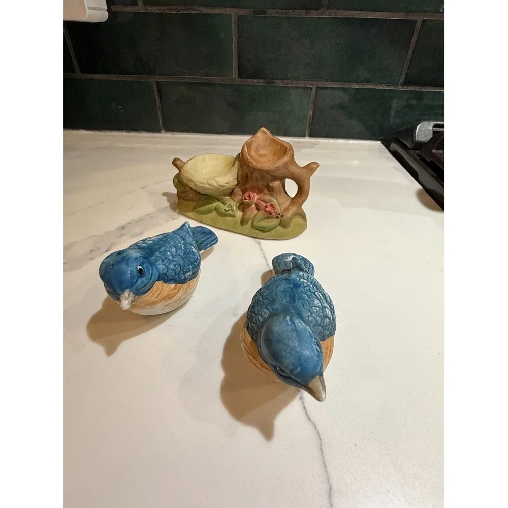 Vintage Ceramic Blue Birds sitting on a tree Salt and Pepper Shaker 3 Piece